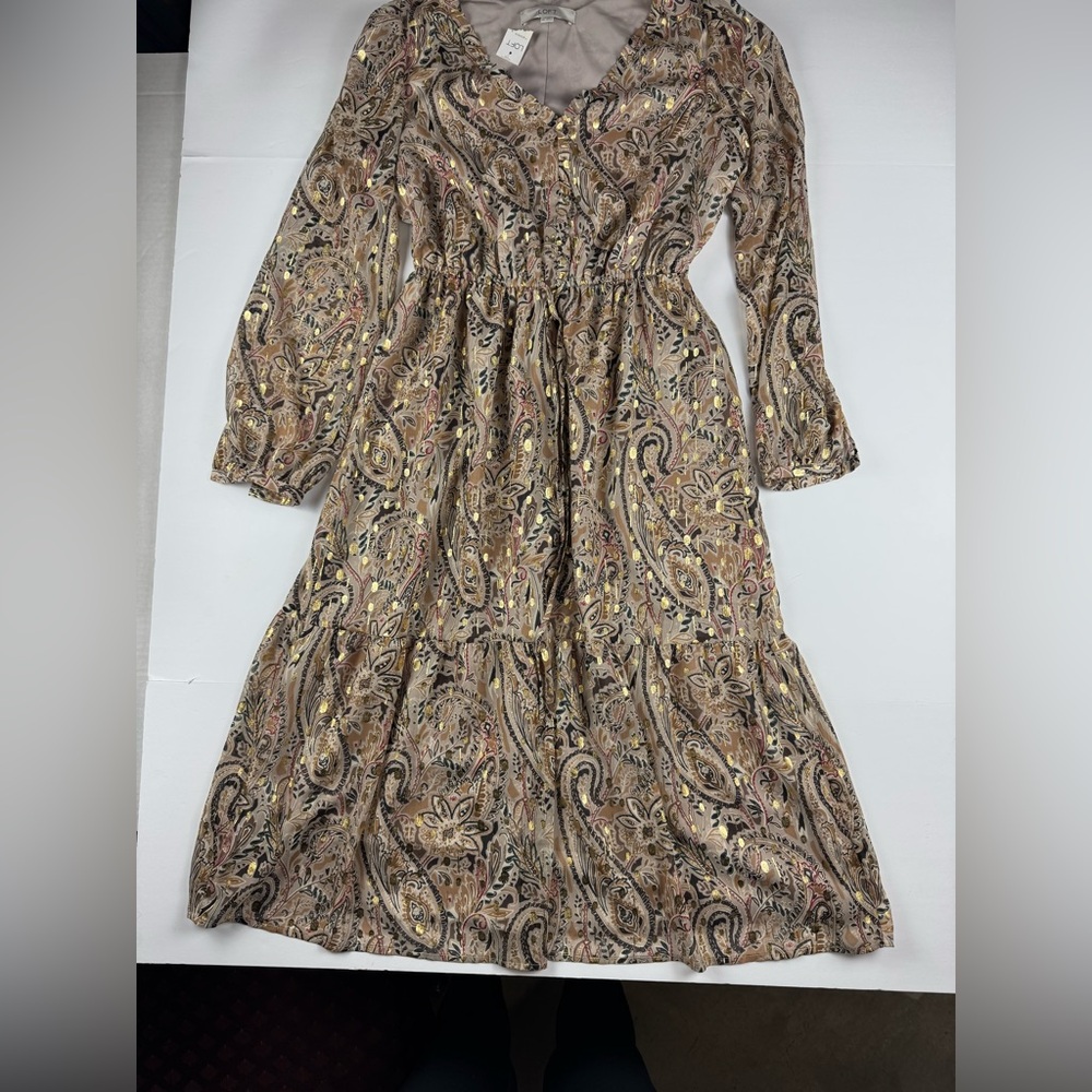 LOFT Shimmer Paisley V-neck tie waist midi dress NWT size XSmall tan/brown/gold
